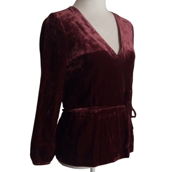 J. Crew Beautiful Burgundy Velvet Faux Wrap Blouse Puff Sleeves Size 0 - Picture 5 of 10